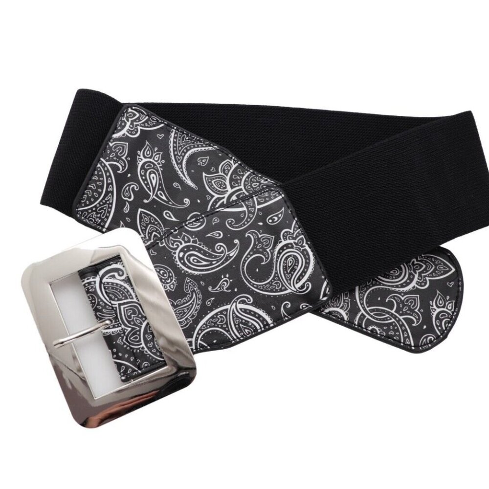 Womenâs Wide Black White Elastic Waist Hip Belt Silver Buckle Paisley Print S M - Picture 7 of 17